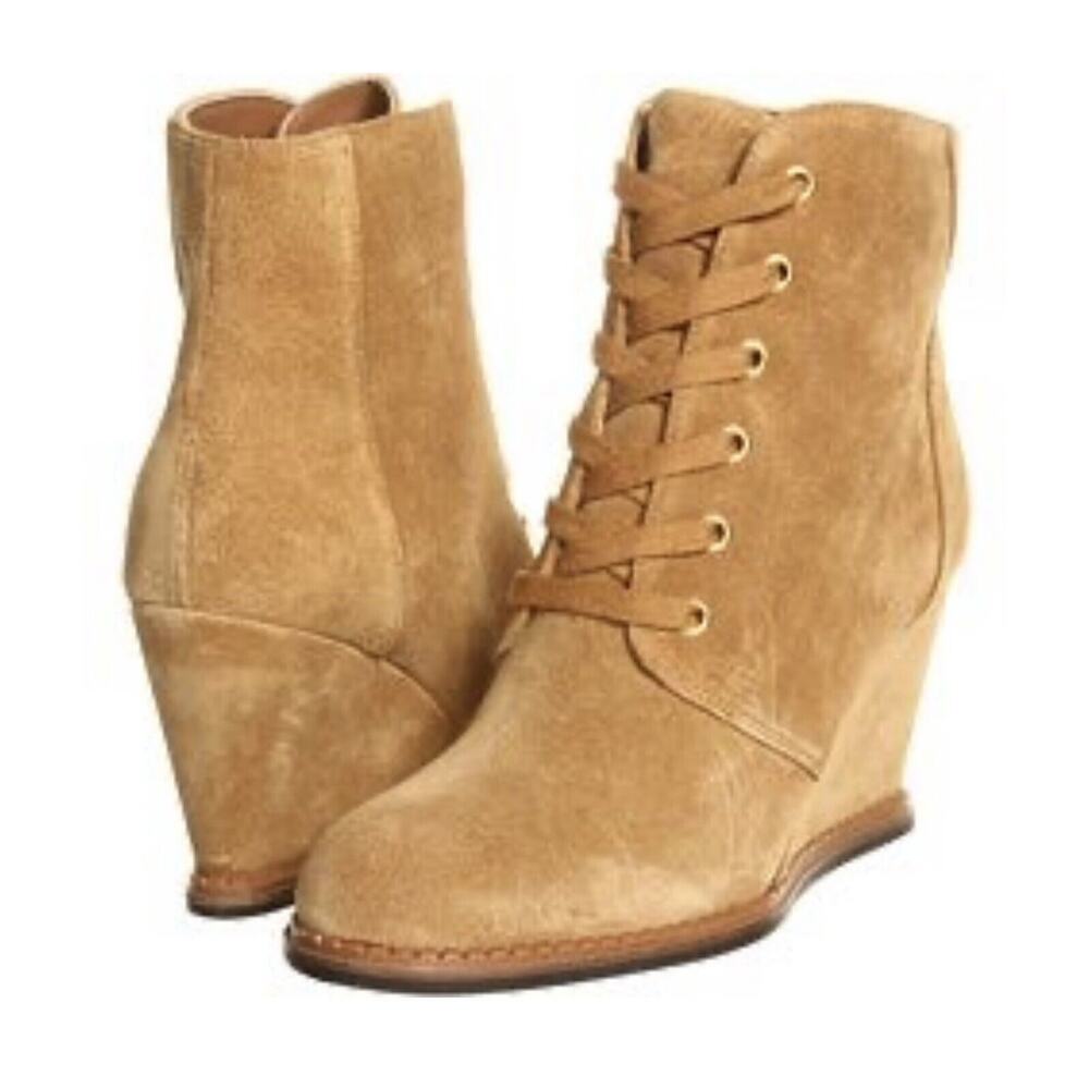Kate Spade Size 7 Wedge Booties Saundra Tan Suede‎ Lace Up Boots New York